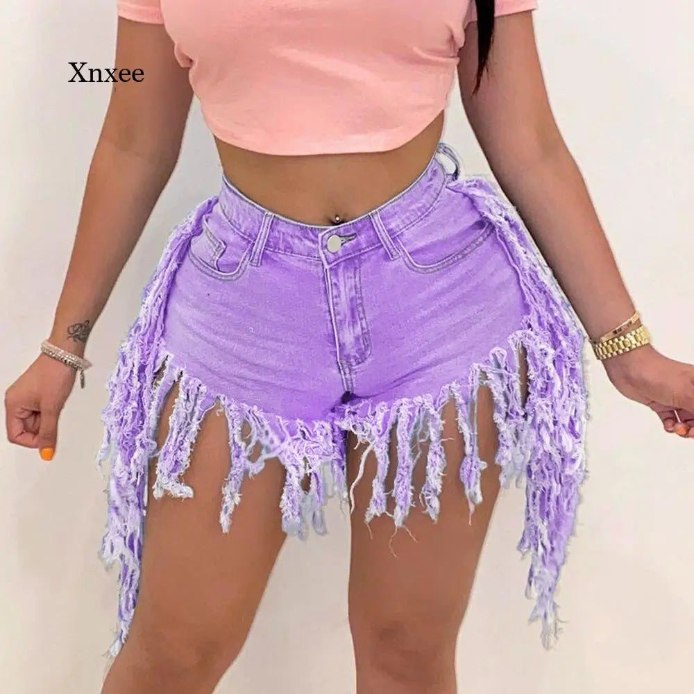 Fashion High Waist Tassel Denim Shorts Sexy  Women Casual Straight Club Shorts Jeans Pants Summer Clothing Bottoms