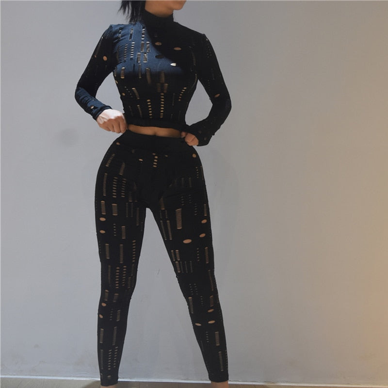 Women Autumn Biker Style Two Piece Set Hollow Out Long Sleeve Turtleneck Top+Solid Sheath Stretchy Waist Female Pants