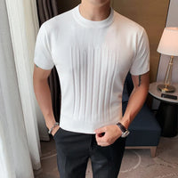 British style Summer Solid Short Sleeve Knitted T-shirt Men Fashion O-Neck Stripe Slim Fit Tee High Quality Men Clothing 6Colors