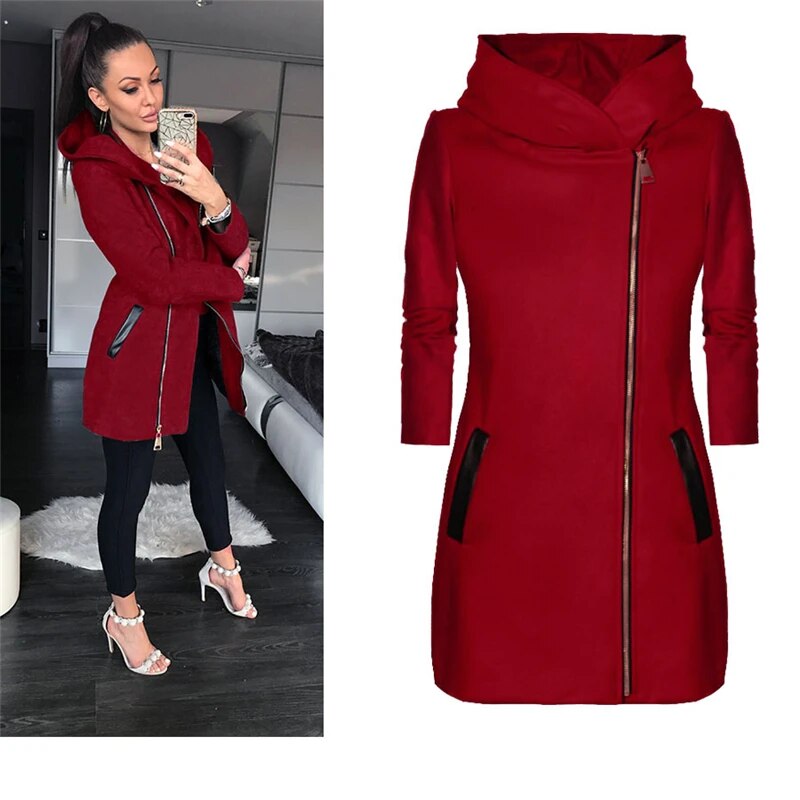 Autumn Winter Women Coats Fashion Solid Color Zip Up Long Sleeve Hooded Jacket Coat Outerwear Women Long Hoodies Coat Plus Size