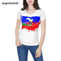 doginthehole Women Fashion Culture Tops Red and Blue Haiti Flag Print Running T-shirt Female Summer Casual Breathable Clothing