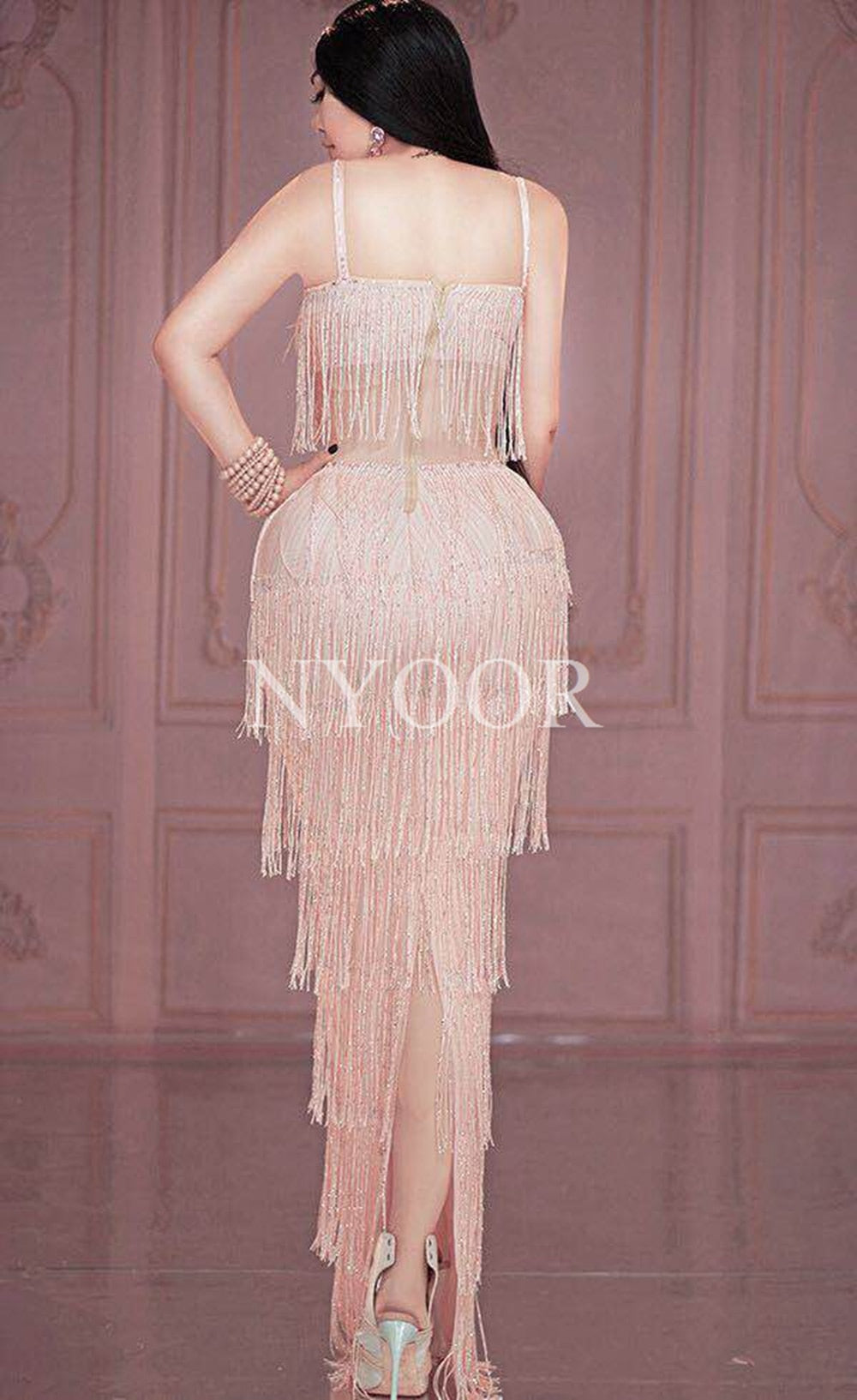 New Pink Tassel Sleeveless Long Dress Women Prom Wedding Party Birthday Dress Fringes Rhinestones Bodycon Dance Costume