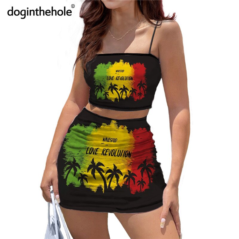 Doginthehole Reggae Design Jamaica Leaf Print Women Club Outfits Sexy Sling Tube Tops and Short Bodycon Dress Summer 2pcs Sets