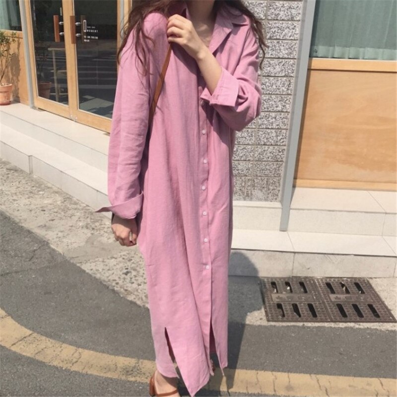 TVVOVVIN Easy Shirt Dress Urban Leisure Single Breasted Long Fund Loose Form Lazy Style Cotton And Linen Dresses L262