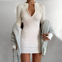 Sexy Zipper Bodycon Dress Elegant Long Sleeve Finger Hole Knitting Mini Dress Vintage Harajuku Sweater Dress Casual Clubwear