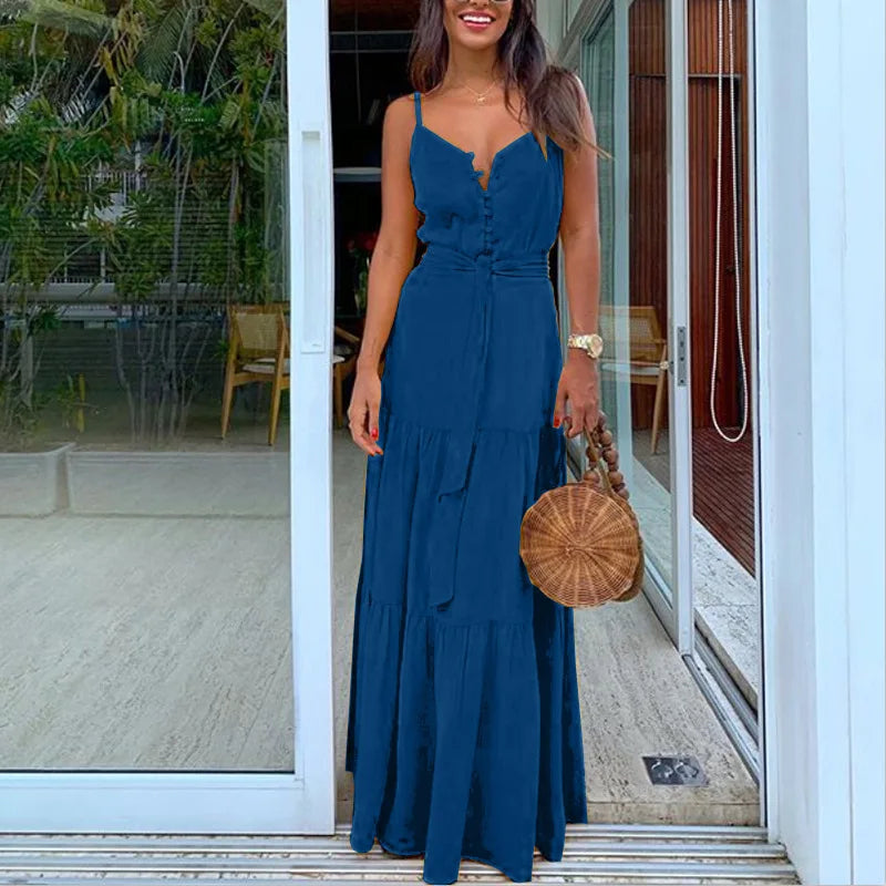 Summer Green Tunic Maxi Dress V Neck Robe Femme Belt Elegant Ruffles Party Long Dresses Spaghetti Strap Casual Vestidos Mujer