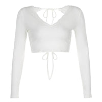 Women White T-Shirts V Neck Long Sleeve Ruffles Bandage Knitted Crop Top Sexy Backless Lace Edge Y2K Aesthetics Tee Female Cloth