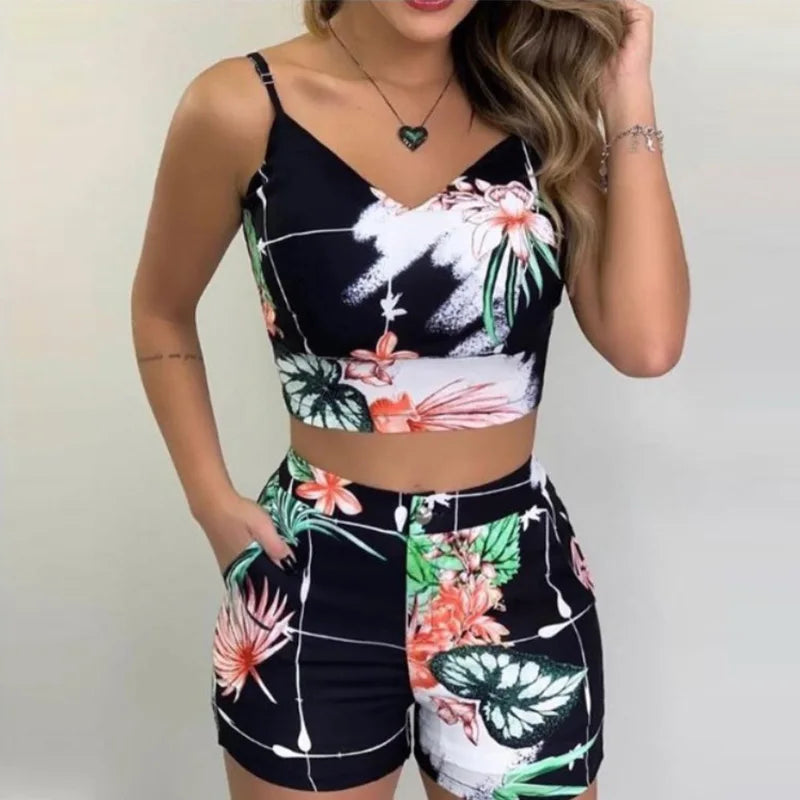 hirigin Women Shorts Suits 2Pieces Sets Summer Office Lady Floral Strap Tank Crop Top+High Waist Button Shorts Female Outfits