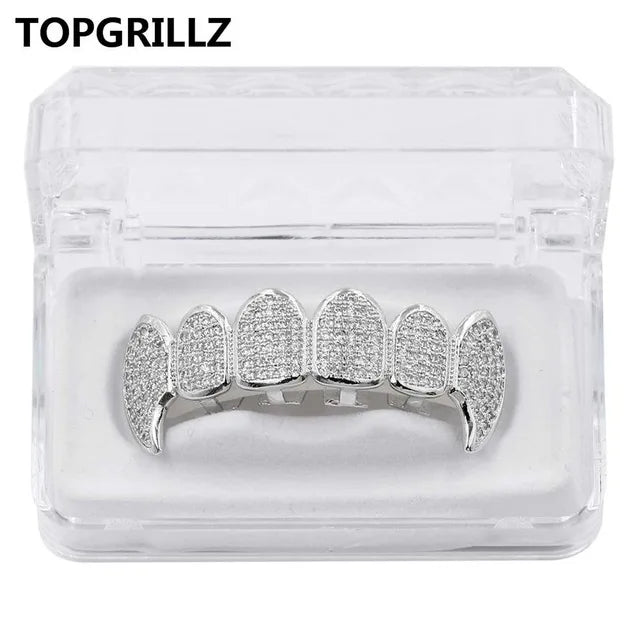 TOPGRILLZ New Fit Silver Plated CZ Micro Pave Top & Bottom GRILL SET Rhodium Teeth Grills Vampire Tooth Grillz
