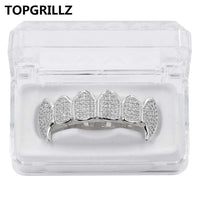 TOPGRILLZ New Fit Silver Plated CZ Micro Pave Top & Bottom GRILL SET Rhodium Teeth Grills Vampire Tooth Grillz