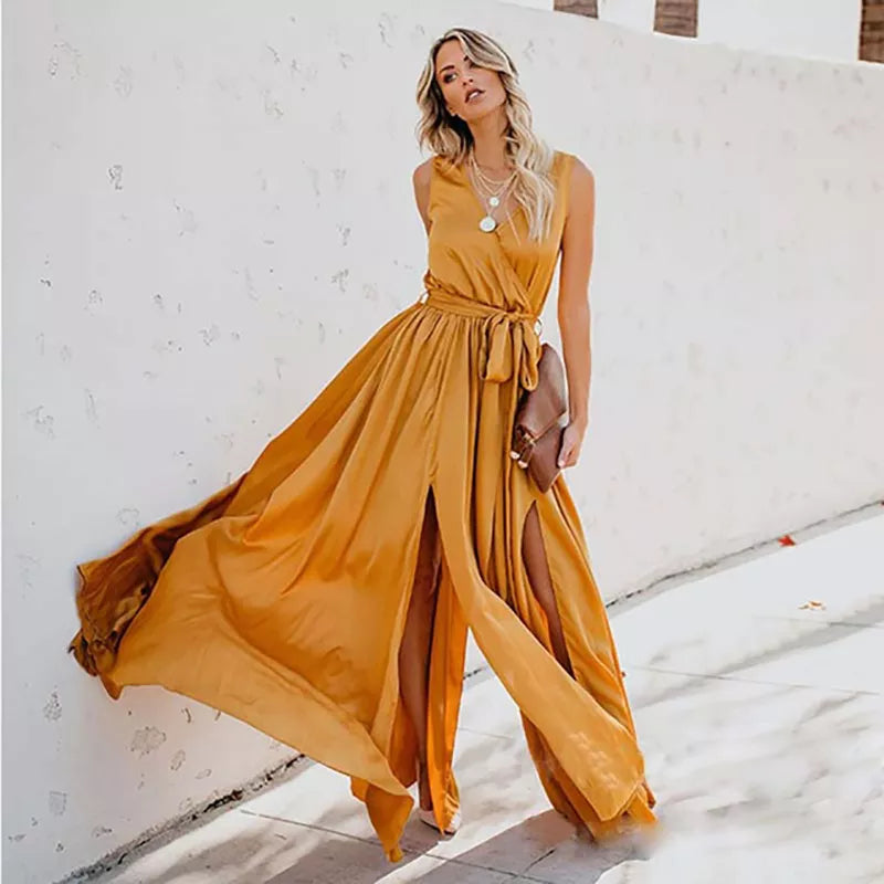 Women's Sexy V Neck Sleeveless Dress Lace Up Split Loose Long Maxi Dress Evening Party Dress Elegant Summer Beach Dress 2023