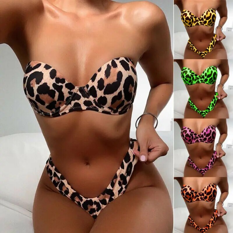 Women Push Up Padded Bikinis Leopard Bandeau Swimsuit Female Brazlian Swimwear Bathing Suit Biquini Summer 2021 New Beach Wear