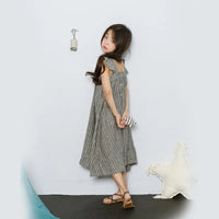 Cotton Linen Ruffles Korean Kids Clothes Big Children Dresses Girls New Summer Baby Girls Teens Dress Stripe Party Frocks