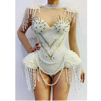 Sexy Pearls Rhinestone Bodysuit Tranparent Leotard Jazz Dance Costume Party Tassels Nightclub outfit Singer Dancewear