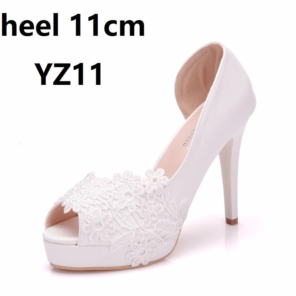 Crystal Queen White Lace Flower Pumps Womens Elegant Wedding Shoes Bride High Heels Platform Ladies Wedges Party Dress Stiletto