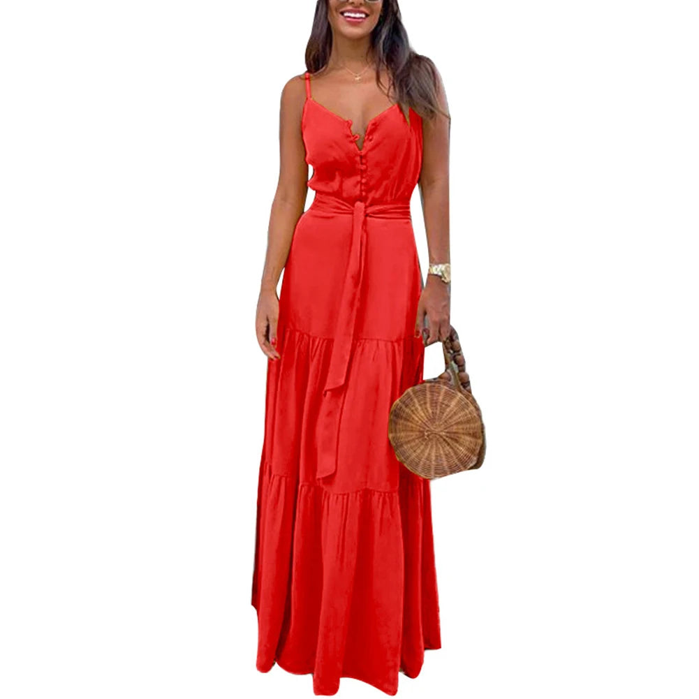 dress Sexy Women Maxi Dress Bohemian Sleeveless Dresses Women V-neck Solid Sleeveless Belted Maxi dresses for women