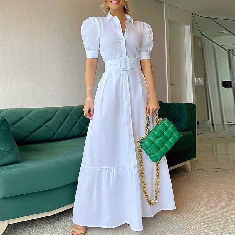 Summer Puff Shoulder Sexy Party Dress Spring Solid Button Long Shirt Dress Women Elegant Turn-down Collar Office Lady Maxi Dress