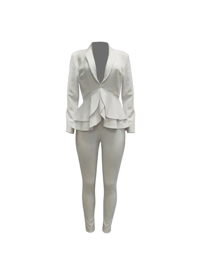 White Blazer 2 Piece Set Women Winter Work Wear Full Sleeve Ruffles Blazers Pencil Pants Suit Two Piece Set Office Lady Outfits