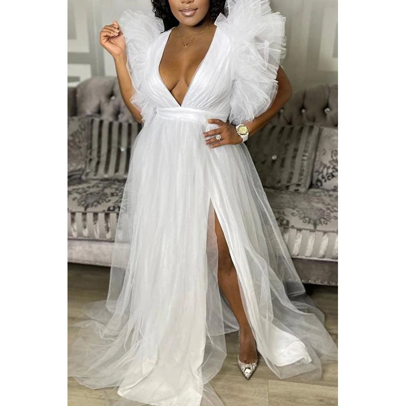 Cute Pink White Ruffles Tulle Ball Gowns for To Birthday Long Party Dresses Sexy Deep V Neck Puff Sleeve Maxi Dress Cute Pink White Ruffles Tulle Ball Gowns for To Birthday Long Party Dresses Sexy Deep V Neck Puff Sleeve Maxi Dress