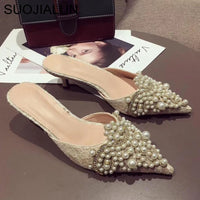 SUOJIALUN Women Designer Slipper Slides Ladies Brand Luxury Slippers Women Dress Mules Shoes Low Heel Pointed Toe Pearl Slippers