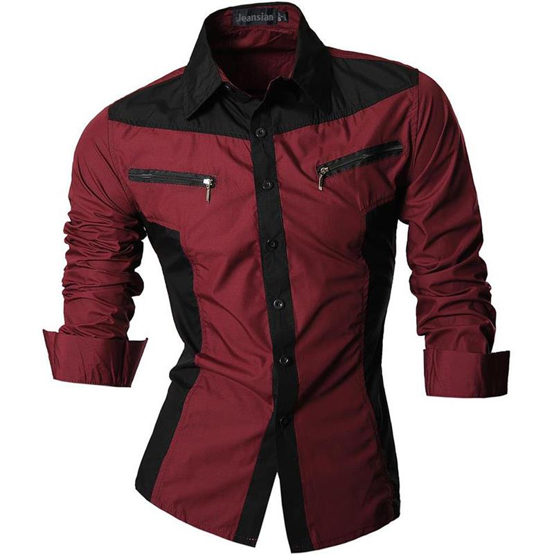 Jeansian Men's Casual Dress Shirts Fashion Desinger Stylish Long Sleeve 8371 WineRed