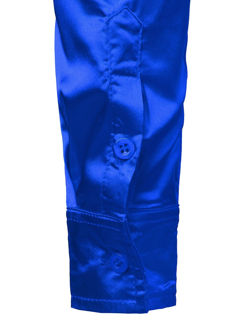 Royal Blue Silk Satin Shirt for Men 2023 Luxury Brand New Slim Fit