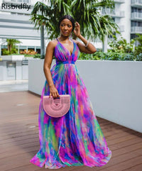 Polyester Summer  African Women V-neck Sleeveless Printing Long Dress African Dresses for Women Plus Size Clothing for Women