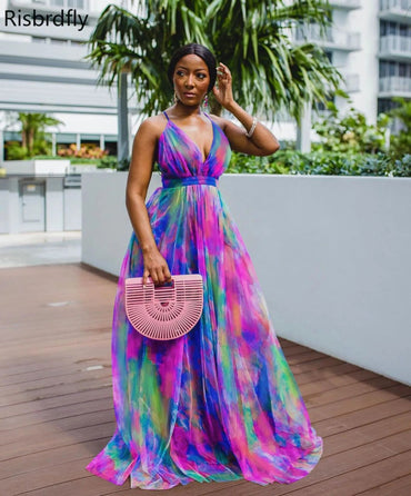 Polyester Summer  African Women V-neck Sleeveless Printing Long Dress African Dresses for Women Plus Size Clothing for Women