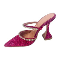 European and American Popular 2020 Summer New Dazzling Pink Crystal Sequined Spool Heels Pointed High Heels Women Slippers