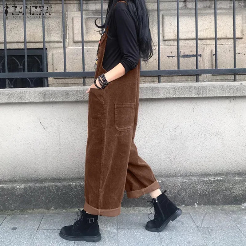 Kaftan Corduroy Overalls Women's Spring Jumpsuits ZANZEA 2025 Casual Suspender Harem Pants Female Solid Rompers Femme Oversize