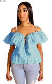 2019 women summer autumn new ruffles spaghetti strap v-neck fashion vintage blouse chiffon shirts casual beach top outfit L0280