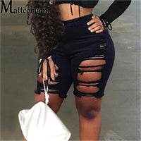 Sexy Knee Length Ripped Denim Shorts Women Push Up Stretch High Waist Biker Short Jeans Ladies 2021 Summer Street Black Shorts