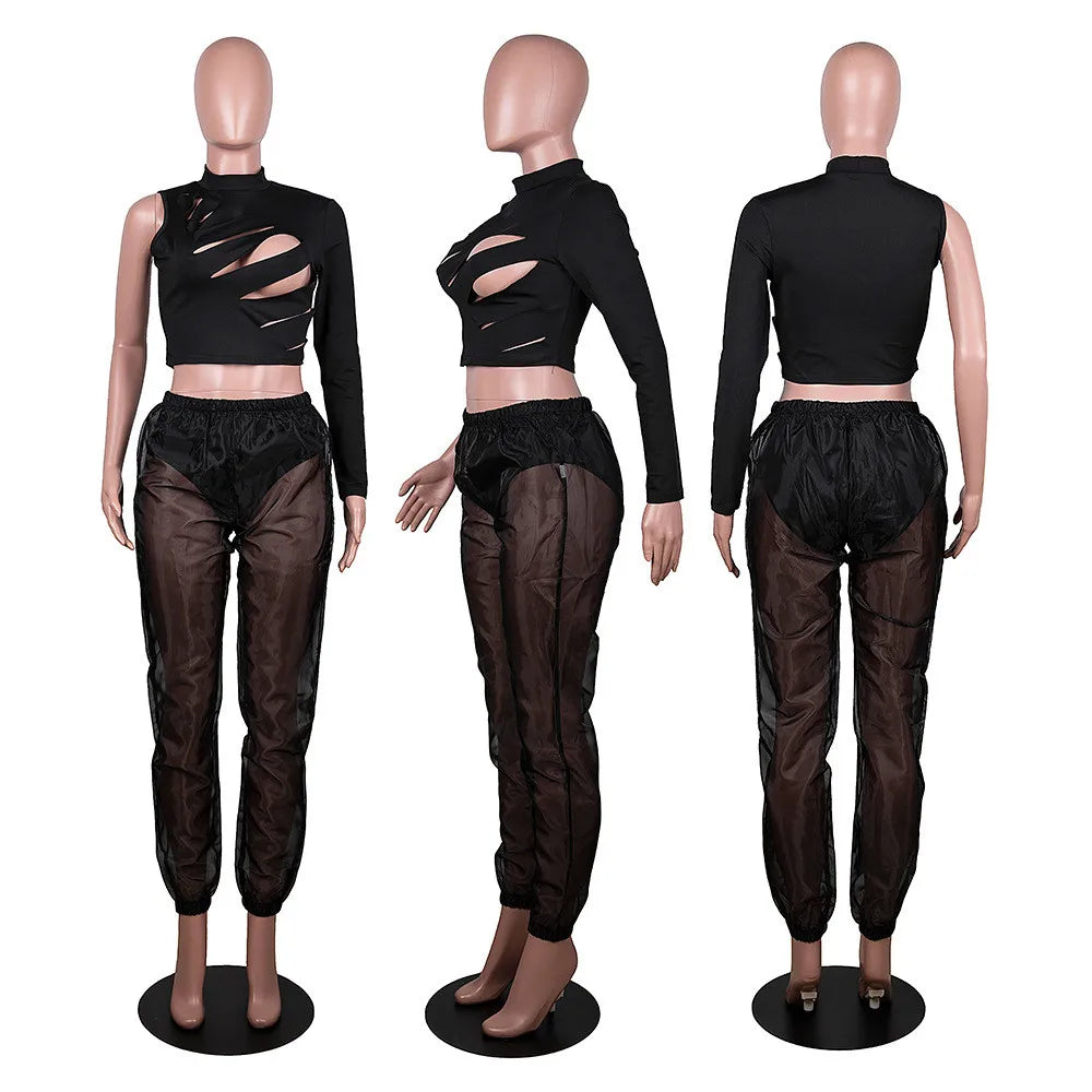 Sexy 2 Piece Sets Womens Outfits One Sleeve Hollow Out Crop Top Sheer Pants Festival Birthday Club Party Two Piece Women Set