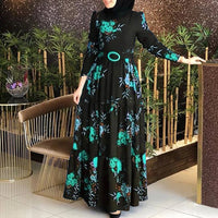 Women Long Sleeve Muslim Abaya Dress Ethnic Floral Print Belt Maxi Kaftan Robe Satin Corset Long Sleeve Dresses