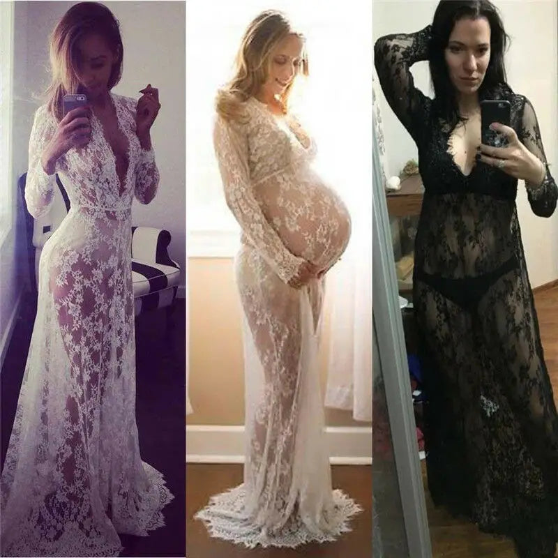 New Pregnant Women Long Sleeve Lace Long Maxi Dress Maternity Photography Props