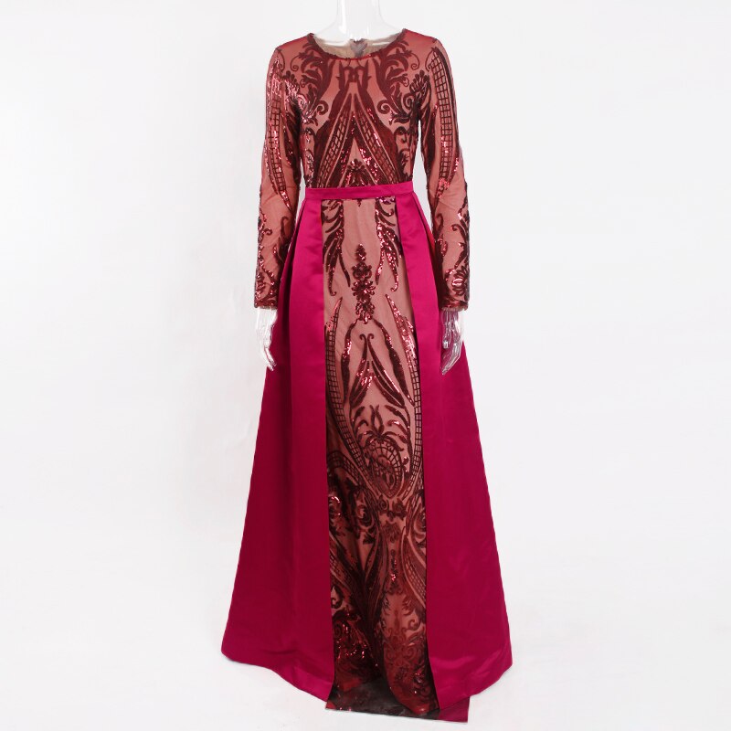 Green Sequined O Neck Full Sleeved Evening Party Dress Stretchy Floor Length Ball Gown with Detachable Train Burgundy