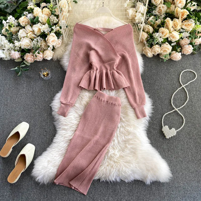 SINGRAIN Autumn Women Shiny Knitting Skirts Sets Lurex Ruffles Long Sleeves Wool Warm Sweater knitted Two Pieces Set Women