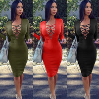 Women Sexy Deep V Neck Bodycon Dress Fashion Line Cross Long Sleeve Skinny Penicl Dresses 2021 Autumn Winter Office Lady Dress