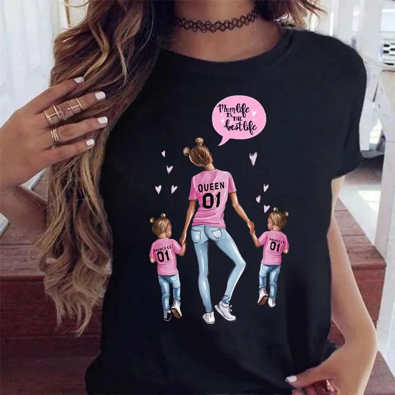 Maycaur Women Cartoon Mom Mother Boy Girl Print Mother Lady T-shirts Casual Top T Shirt Ladies Womens Graphic Female Tee T-Shirt
