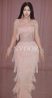 New Pink Tassel Sleeveless Long Dress Women Prom Wedding Party Birthday Dress Fringes Rhinestones Bodycon Dance Costume