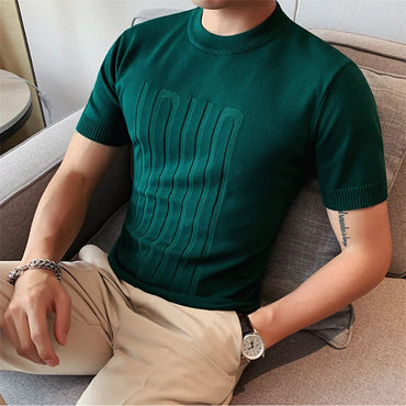 British style Summer Solid Short Sleeve Knitted T-shirt Men Fashion O-Neck Stripe Slim Fit Tee High Quality Men Clothing 6Colors