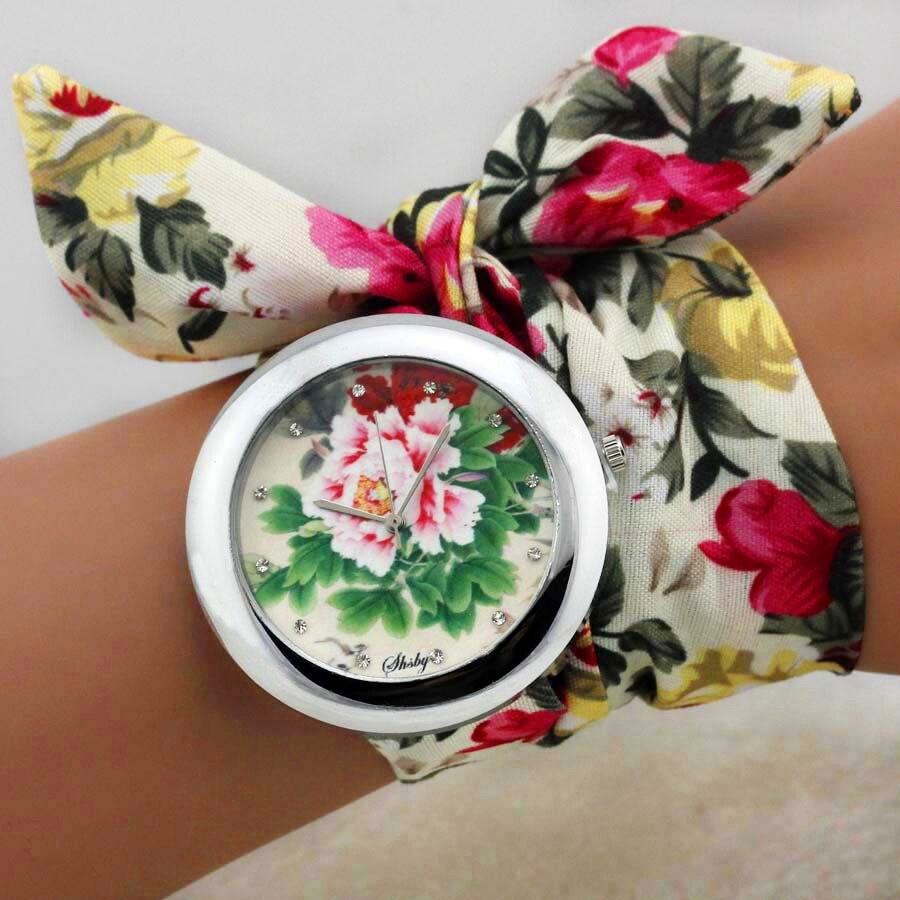 Shsby New Design Ladies Flower Cloth Wrist Watch Fashion Women Dress Watch High Quality Fabric Clock Sweet Girls Watch