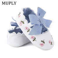 2023 Floral Embroidery Baby Shoes For Newborn Baby Girl Striped Bow First Walker Soft Soles Cute Toddler Anti-Slip Princess Shoe