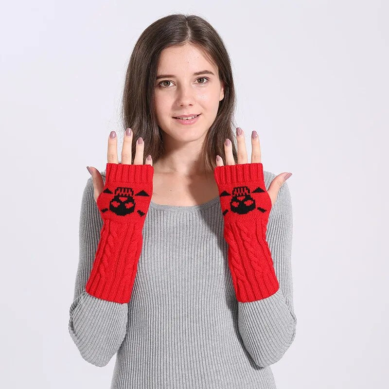 Winter Women Warm Cute Cartoon Skull Fingerless Sleeves Mittens Female Acrylic Stretch Knit Half Finger Arm Warmers Gloves C83