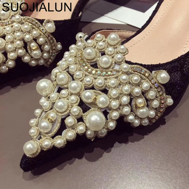 SUOJIALUN Women Designer Slipper Slides Ladies Brand Luxury Slippers Women Dress Mules Shoes Low Heel Pointed Toe Pearl Slippers