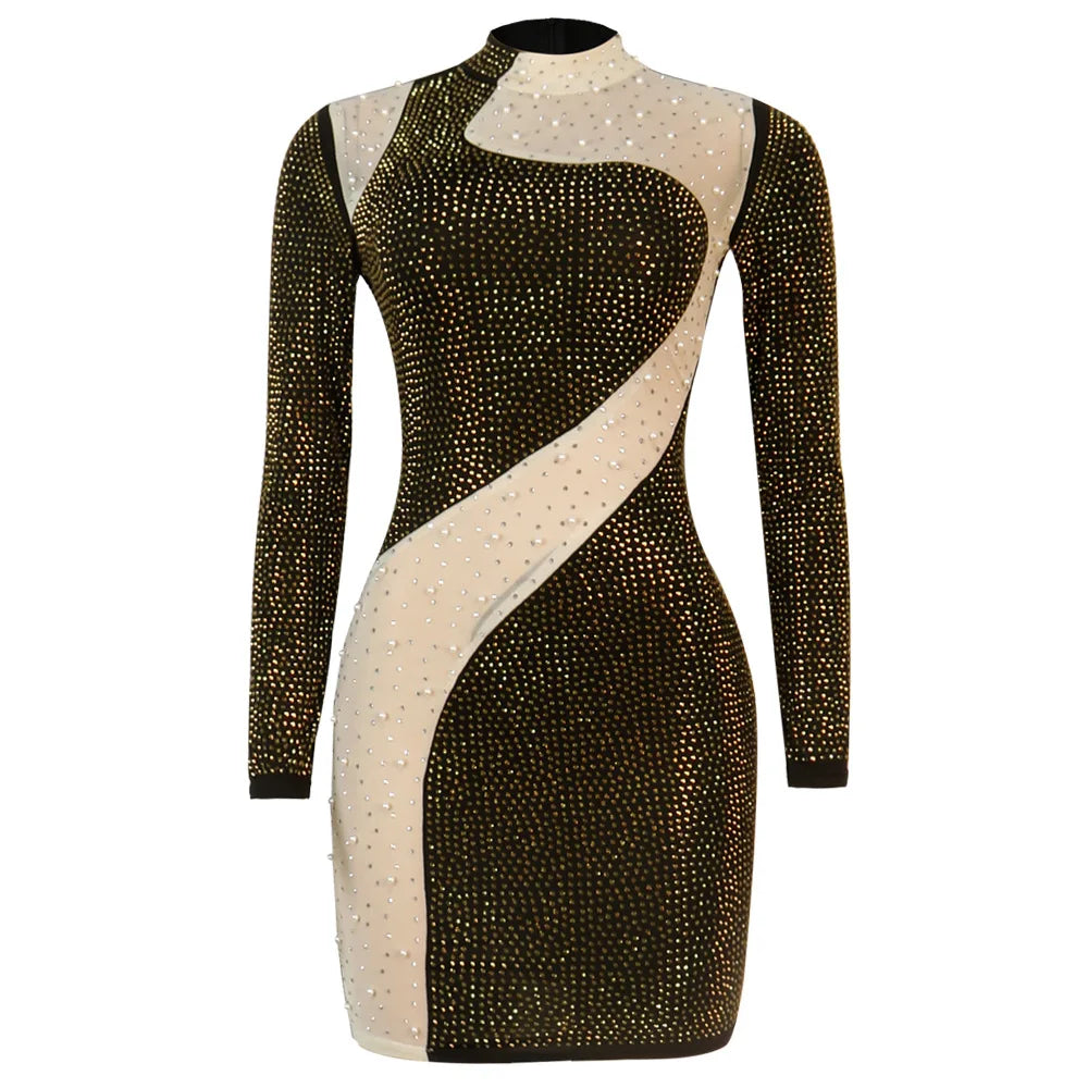 BH232 Women Sexy Hot Diamond Patchwork Pearl Evening Party  Dress