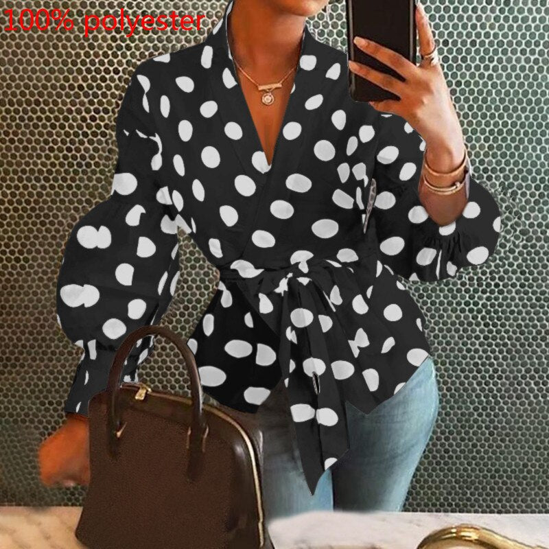 Celmia 2023 Fashion Women Blouse Elegant Lantern Sleeve Tunic Shirts Summer Casual Belted Solid Sexy V-Neck Tops Elegant Blusas