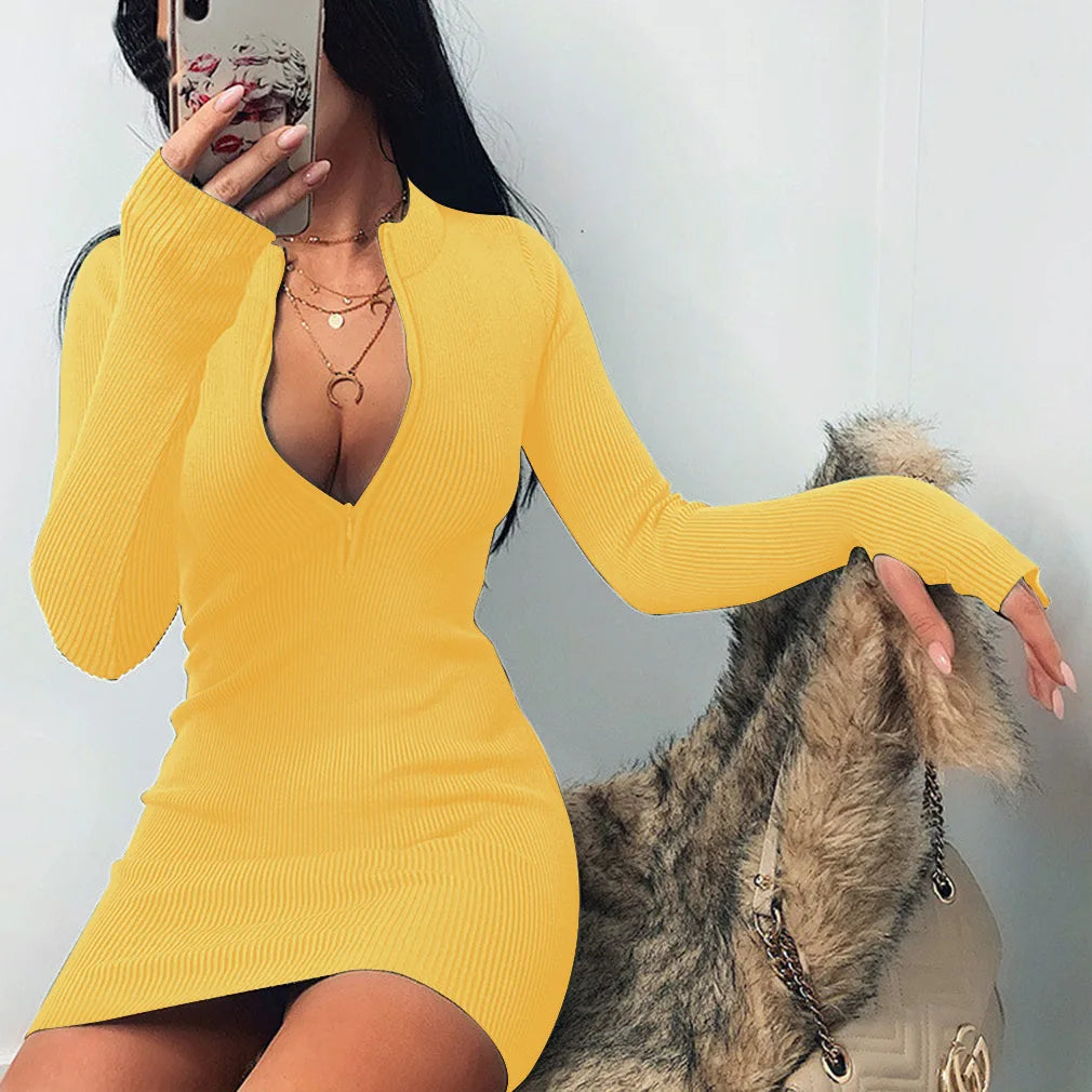 Sexy Zipper Bodycon Dress Elegant Long Sleeve Finger Hole Knitting Mini Dress Vintage Harajuku Sweater Dress Casual Clubwear