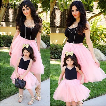 Mom and Daughter Dress Pink Patchwork Mesh Princess Dress Mother and daughter clothes Family Look Mother daughter dresses