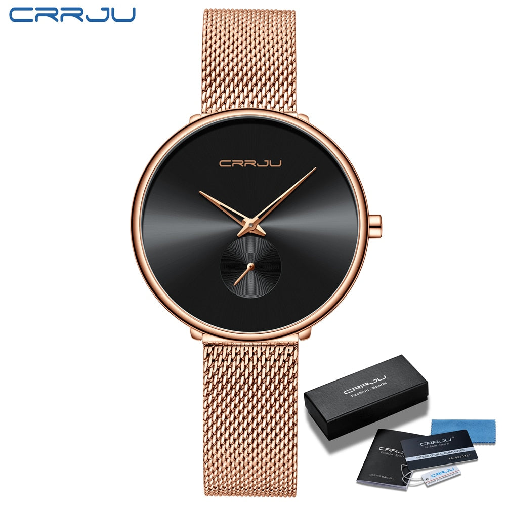 CRRJU Fashion Women Watch Luxury Casual Simple Ladies Daily Dress Mesh Wristwatch Minimalist Waterproof Quartz Female Clock